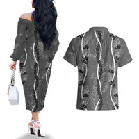 Hawaii Maile Lei Couples Matching Off The Shoulder Long Sleeve Dress and Hawaiian Shirt With Gray Monstera Pattern LT05 - Polynesian Pride