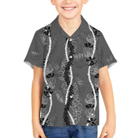 Hawaii Maile Lei Family Matching Off The Shoulder Long Sleeve Dress and Hawaiian Shirt With Gray Monstera Pattern