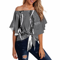 Hawaii Maile Lei Off Shoulder Wrap Waist Top With Gray Monstera Pattern LT05 - Polynesian Pride