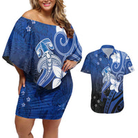 Polynesia Hammerhead Shark Couples Matching Off Shoulder Short Dress and Hawaiian Shirt Blue Tribal Pattern With Plumeria - Polynesian Pride