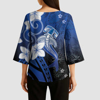 Polynesia Hammerhead Shark Kimono Sleeve Blouse Blue Tribal Pattern With Plumeria - Polynesian Pride