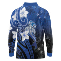 Polynesia Hammerhead Shark Long Sleeve Polo Shirt Blue Tribal Pattern With Plumeria - Polynesian Pride