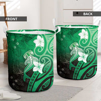 Polynesia Hammerhead Shark Laundry Basket Green Tribal Pattern With Plumeria - Polynesian Pride