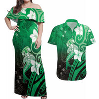 Polynesia Hammerhead Shark Couples Matching Off Shoulder Maxi Dress and Hawaiian Shirt Green Tribal Pattern With Plumeria - Polynesian Pride