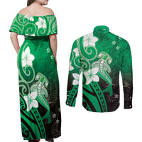 Polynesia Hammerhead Shark Couples Matching Off Shoulder Maxi Dress and Long Sleeve Button Shirt Green Tribal Pattern With Plumeria - Polynesian Pride