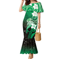Polynesia Hammerhead Shark Family Matching Mermaid Dress and Hawaiian Shirt Green Tribal Pattern With Plumeria - Polynesian Pride