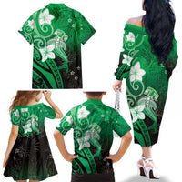 Polynesia Hammerhead Shark Family Matching Off The Shoulder Long Sleeve Dress and Hawaiian Shirt Green Tribal Pattern With Plumeria LT05 - Polynesian Pride