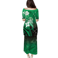 Polynesia Hammerhead Shark Puletasi Green Tribal Pattern With Plumeria - Polynesian Pride