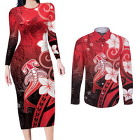 Polynesia Hammerhead Shark Couples Matching Long Sleeve Bodycon Dress and Long Sleeve Button Shirt Red Tribal Pattern With Plumeria - Polynesian Pride