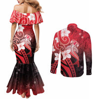 Polynesia Hammerhead Shark Couples Matching Mermaid Dress and Long Sleeve Button Shirt Red Tribal Pattern With Plumeria - Polynesian Pride