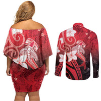 Polynesia Hammerhead Shark Couples Matching Off Shoulder Short Dress and Long Sleeve Button Shirt Red Tribal Pattern With Plumeria - Polynesian Pride