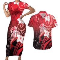 Polynesia Hammerhead Shark Couples Matching Short Sleeve Bodycon Dress and Hawaiian Shirt Red Tribal Pattern With Plumeria - Polynesian Pride