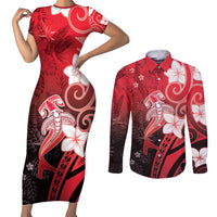 Polynesia Hammerhead Shark Couples Matching Short Sleeve Bodycon Dress and Long Sleeve Button Shirt Red Tribal Pattern With Plumeria - Polynesian Pride