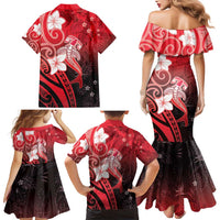 Polynesia Hammerhead Shark Family Matching Mermaid Dress and Hawaiian Shirt Red Tribal Pattern With Plumeria - Polynesian Pride