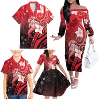 Polynesia Hammerhead Shark Family Matching Off The Shoulder Long Sleeve Dress and Hawaiian Shirt Red Tribal Pattern With Plumeria - Polynesian Pride
