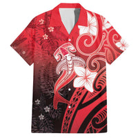Polynesia Hammerhead Shark Family Matching Off The Shoulder Long Sleeve Dress and Hawaiian Shirt Red Tribal Pattern With Plumeria - Polynesian Pride