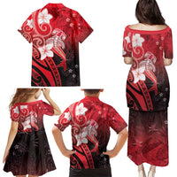 Polynesia Hammerhead Shark Family Matching Puletasi and Hawaiian Shirt Red Tribal Pattern With Plumeria - Polynesian Pride