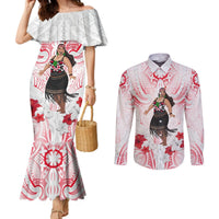 New Zealand Women's Day Couples Matching Mermaid Dress and Long Sleeve Button Shirt Maori Wahine Polynesian Pattern LT05 White - Polynesian Pride