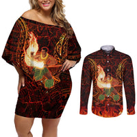Samoa Siva Afi Festival Couples Matching Off Shoulder Short Dress and Long Sleeve Button Shirt Fire Knife Dancing LT05 Green - Polynesian Pride