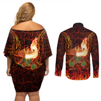 Samoa Siva Afi Festival Couples Matching Off Shoulder Short Dress and Long Sleeve Button Shirt Fire Knife Dancing LT05 - Polynesian Pride