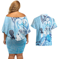 Aotearoa Maori Wahine Couples Matching Off Shoulder Short Dress and Hawaiian Shirt Fantail Bird Blue Gold Marble LT05 - Polynesian Pride