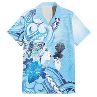 Aotearoa Maori Wahine Family Matching Short Sleeve Bodycon Dress and Hawaiian Shirt Fantail Bird Blue Gold Marble LT05 Dad's Shirt - Short Sleeve Blue - Polynesian Pride