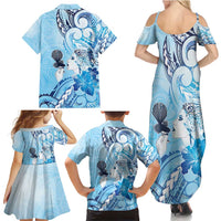 Aotearoa Maori Wahine Family Matching Summer Maxi Dress and Hawaiian Shirt Fantail Bird Blue Gold Marble LT05 - Polynesian Pride