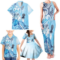 Aotearoa Maori Wahine Family Matching Tank Maxi Dress and Hawaiian Shirt Fantail Bird Blue Gold Marble LT05 - Polynesian Pride