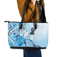 Aotearoa Maori Wahine Leather Tote Bag Fantail Bird Blue Gold Marble