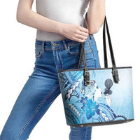Aotearoa Maori Wahine Leather Tote Bag Fantail Bird Blue Gold Marble