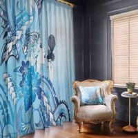 Aotearoa Maori Wahine Window Curtain Fantail Bird Blue Gold Marble LT05 - Polynesian Pride