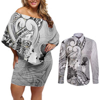 Aotearoa Maori Wahine Couples Matching Off Shoulder Short Dress and Long Sleeve Button Shirt Fantail Bird Black Gold Marble LT05 Black - Polynesian Pride