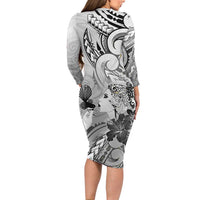 Aotearoa Maori Wahine Family Matching Long Sleeve Bodycon Dress and Hawaiian Shirt Fantail Bird Black Gold Marble LT05 - Polynesian Pride