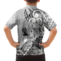 Aotearoa Maori Wahine Family Matching Off The Shoulder Long Sleeve Dress and Hawaiian Shirt Fantail Bird Black Gold Marble LT05 - Polynesian Pride