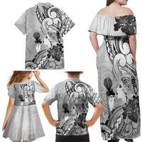 Aotearoa Maori Wahine Family Matching Off Shoulder Maxi Dress and Hawaiian Shirt Fantail Bird Black Gold Marble LT05 - Polynesian Pride