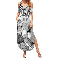 Aotearoa Maori Wahine Family Matching Summer Maxi Dress and Hawaiian Shirt Fantail Bird Black Gold Marble LT05 Mom's Dress Black - Polynesian Pride