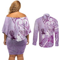 Aotearoa Maori Wahine Couples Matching Off Shoulder Short Dress and Long Sleeve Button Shirt Fantail Bird Purple Gold Marble LT05 - Polynesian Pride