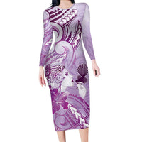 Aotearoa Maori Wahine Family Matching Long Sleeve Bodycon Dress and Hawaiian Shirt Fantail Bird Purple Gold Marble LT05 Mom's Dress Purple - Polynesian Pride