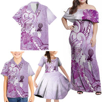 Aotearoa Maori Wahine Family Matching Off Shoulder Maxi Dress and Hawaiian Shirt Fantail Bird Purple Gold Marble LT05 - Polynesian Pride