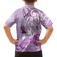 Aotearoa Maori Wahine Family Matching Off Shoulder Short Dress and Hawaiian Shirt Fantail Bird Purple Gold Marble LT05 - Polynesian Pride