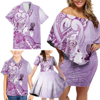 Aotearoa Maori Wahine Family Matching Off Shoulder Short Dress and Hawaiian Shirt Fantail Bird Purple Gold Marble LT05 - Polynesian Pride