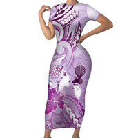 Aotearoa Maori Wahine Short Sleeve Bodycon Dress Fantail Bird Purple Gold Marble LT05 Long Dress Purple - Polynesian Pride
