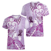Aotearoa Maori Wahine Women V-Neck T-Shirt Fantail Bird Purple Gold Marble
