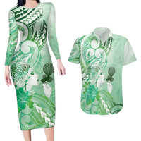 Aotearoa Maori Wahine Couples Matching Long Sleeve Bodycon Dress and Hawaiian Shirt Fantail Bird Green Gold Marble LT05 Green - Polynesian Pride