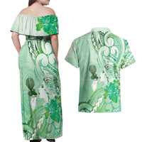 Aotearoa Maori Wahine Couples Matching Off Shoulder Maxi Dress and Hawaiian Shirt Fantail Bird Green Gold Marble LT05 - Polynesian Pride