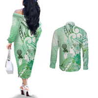 Aotearoa Maori Wahine Couples Matching Off The Shoulder Long Sleeve Dress and Long Sleeve Button Shirt Fantail Bird Green Gold Marble LT05 - Polynesian Pride