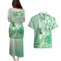 Aotearoa Maori Wahine Couples Matching Puletasi and Hawaiian Shirt Fantail Bird Green Gold Marble LT05 - Polynesian Pride
