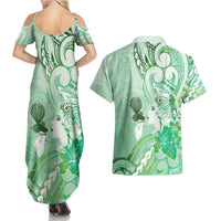 Aotearoa Maori Wahine Couples Matching Summer Maxi Dress and Hawaiian Shirt Fantail Bird Green Gold Marble LT05 - Polynesian Pride