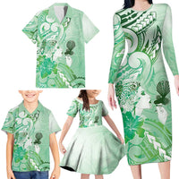 Aotearoa Maori Wahine Family Matching Long Sleeve Bodycon Dress and Hawaiian Shirt Fantail Bird Green Gold Marble LT05 - Polynesian Pride
