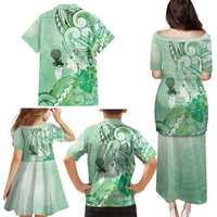 Aotearoa Maori Wahine Family Matching Puletasi and Hawaiian Shirt Fantail Bird Green Gold Marble LT05 - Polynesian Pride